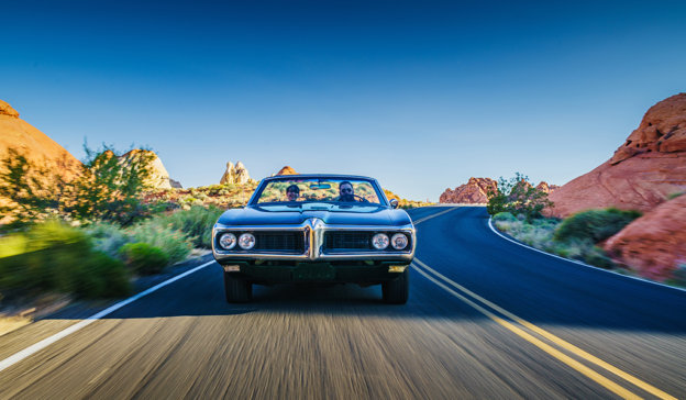 Couple driving from Zion National Park to Las Vegas