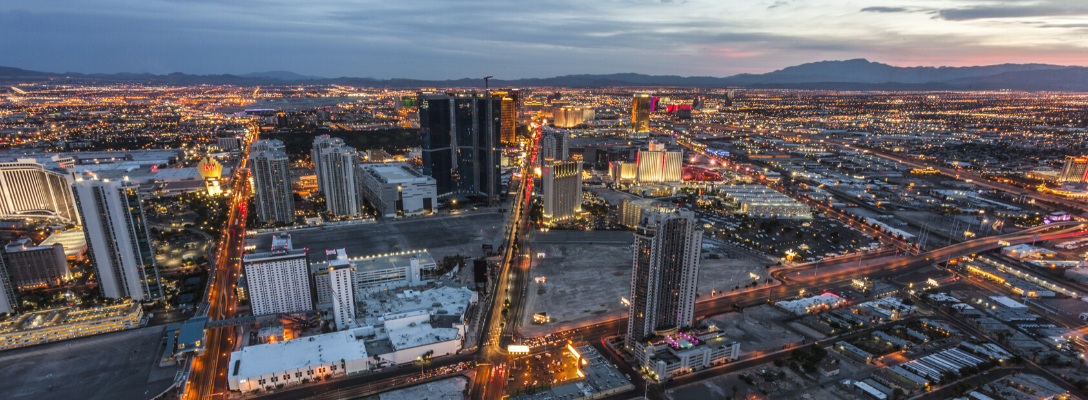 Aerial Shot of Downtown Las Vegas at Dusk